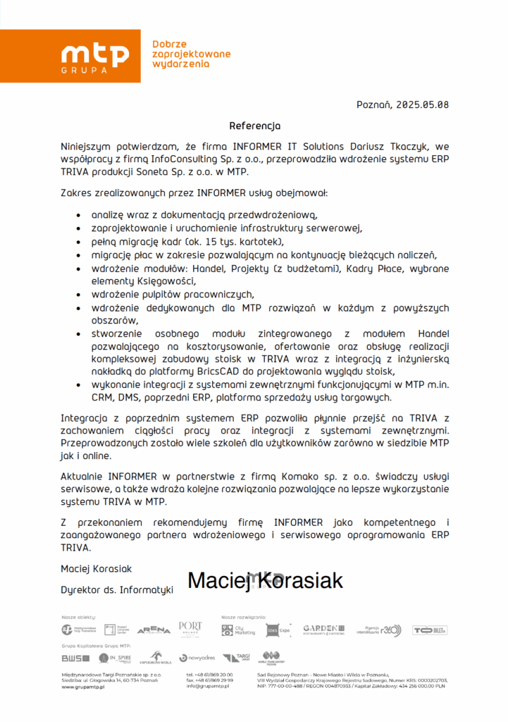 Referencja MTP dla INFORMER za wdrożenie TRIVA